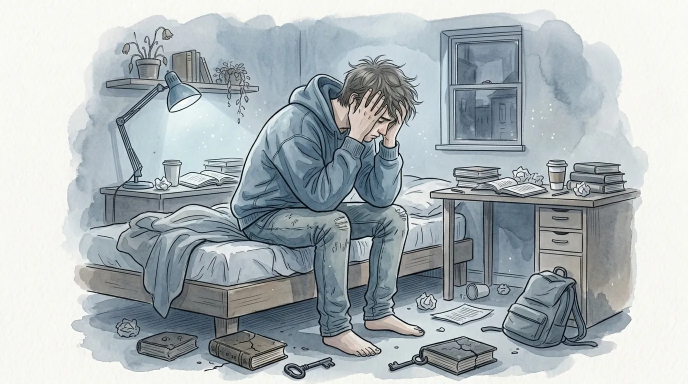 Ilustração em aquarela de um jovem sentado na cama com as mãos na cabeça, em um quarto desarrumado