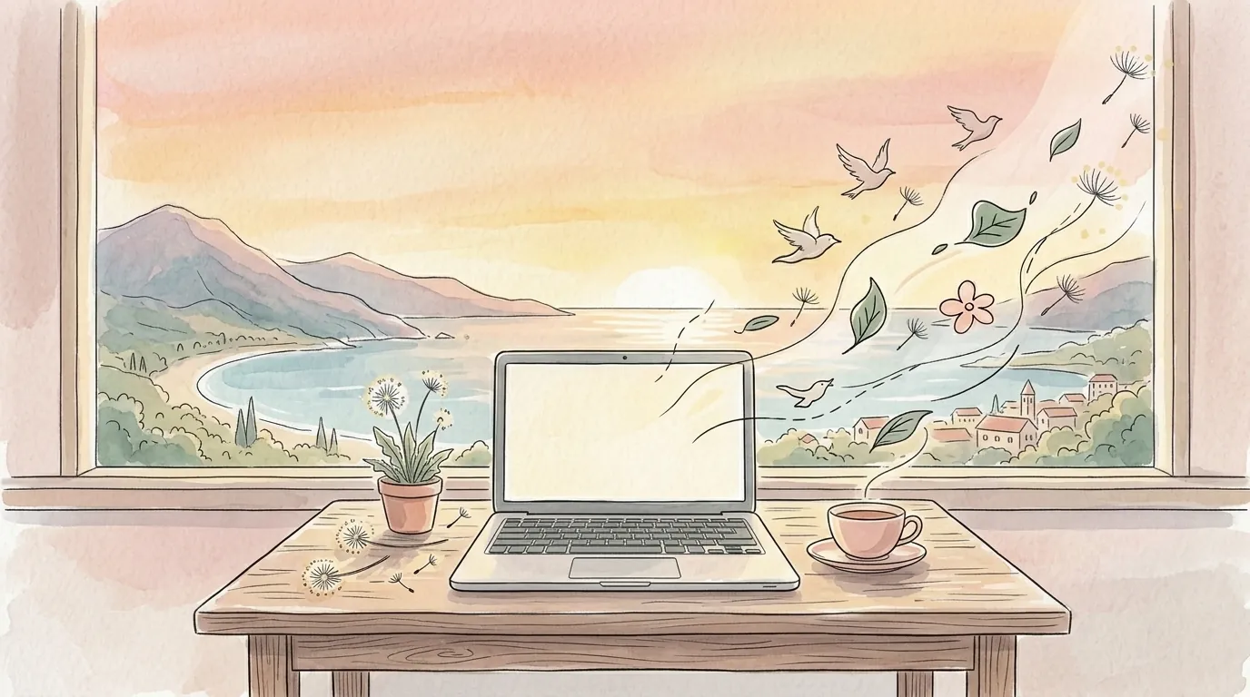 Ilustração em aquarela de um notebook sobre a mesa diante de uma janela com vista para o mar ao entardecer